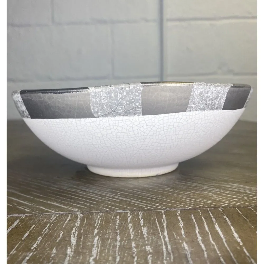 Michael Wainwright Art Pottery Ceramic Bowl Platinum‎ Crackle Ivory Gray